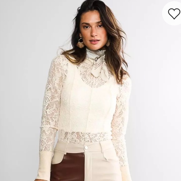 Cream Long sleeved Fleece Lacy Sheer Over-shirt - Picture 2 of 9